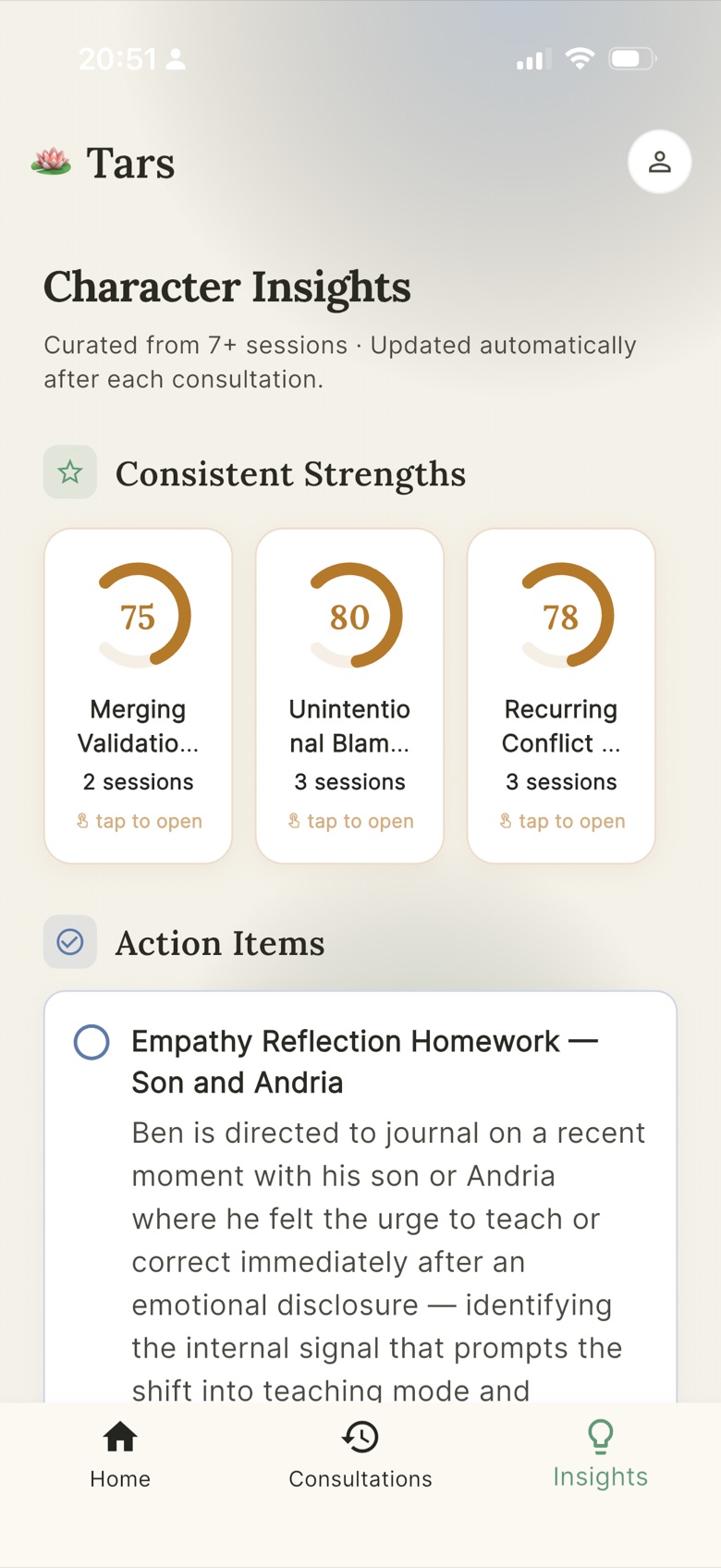 Tars Character Insights curated from 7+ sessions showing consistent strengths with scores and action items