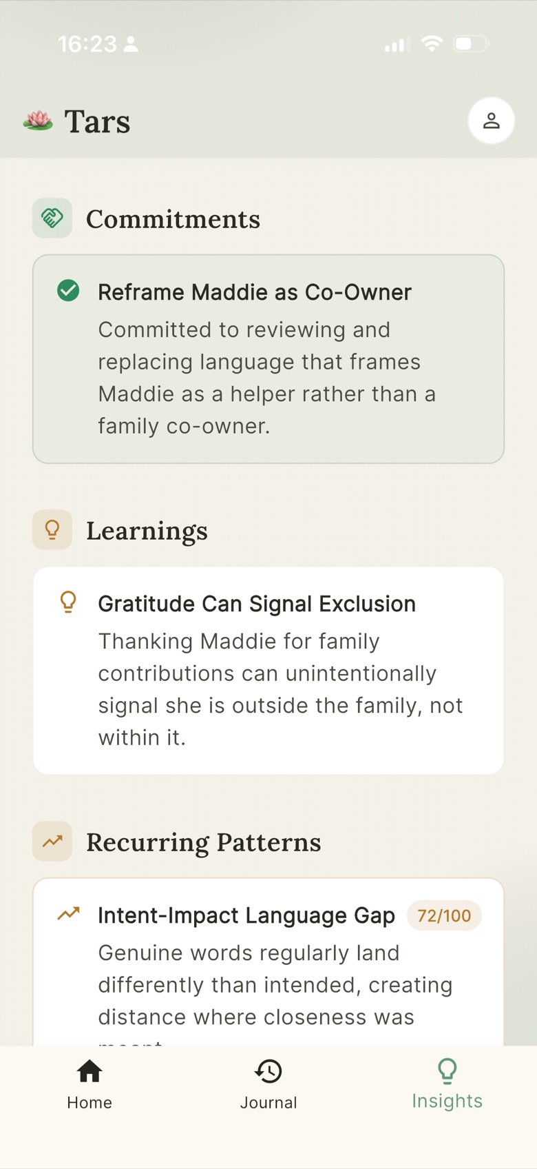 Tars insights showing commitments, learnings, and recurring patterns with scores