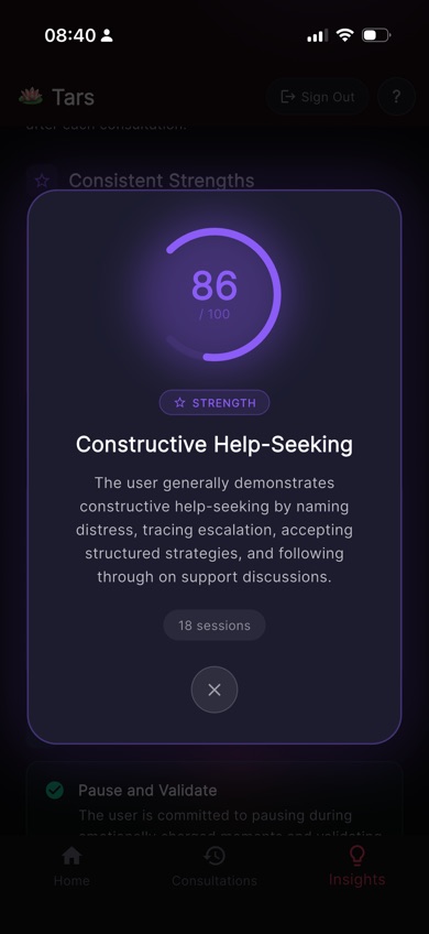 Tars showing Constructive Help-Seeking strength scored 86 out of 100 across 18 sessions